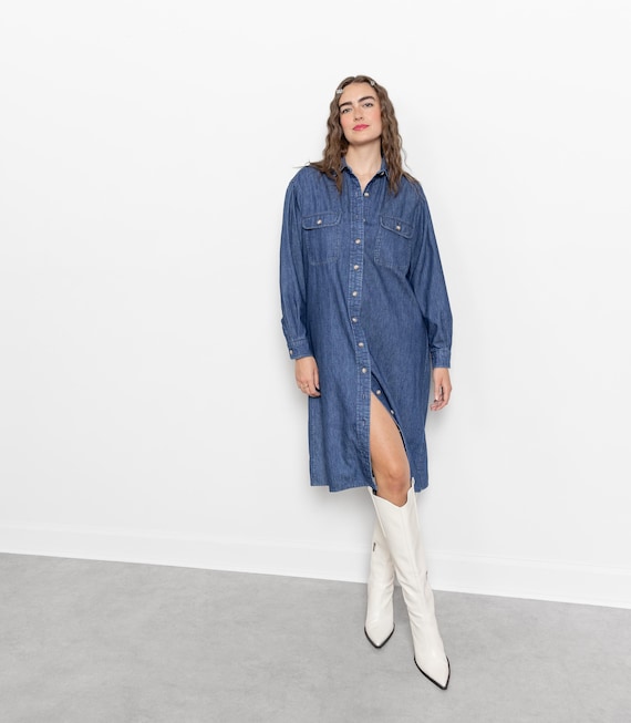 muji denim dress Jean Vintage Long Sleeves Pockets / Medium Bluebell Bridesmaid Dress Matte Denim shirt dress ravewear Size:XL TALL Its a striking piece