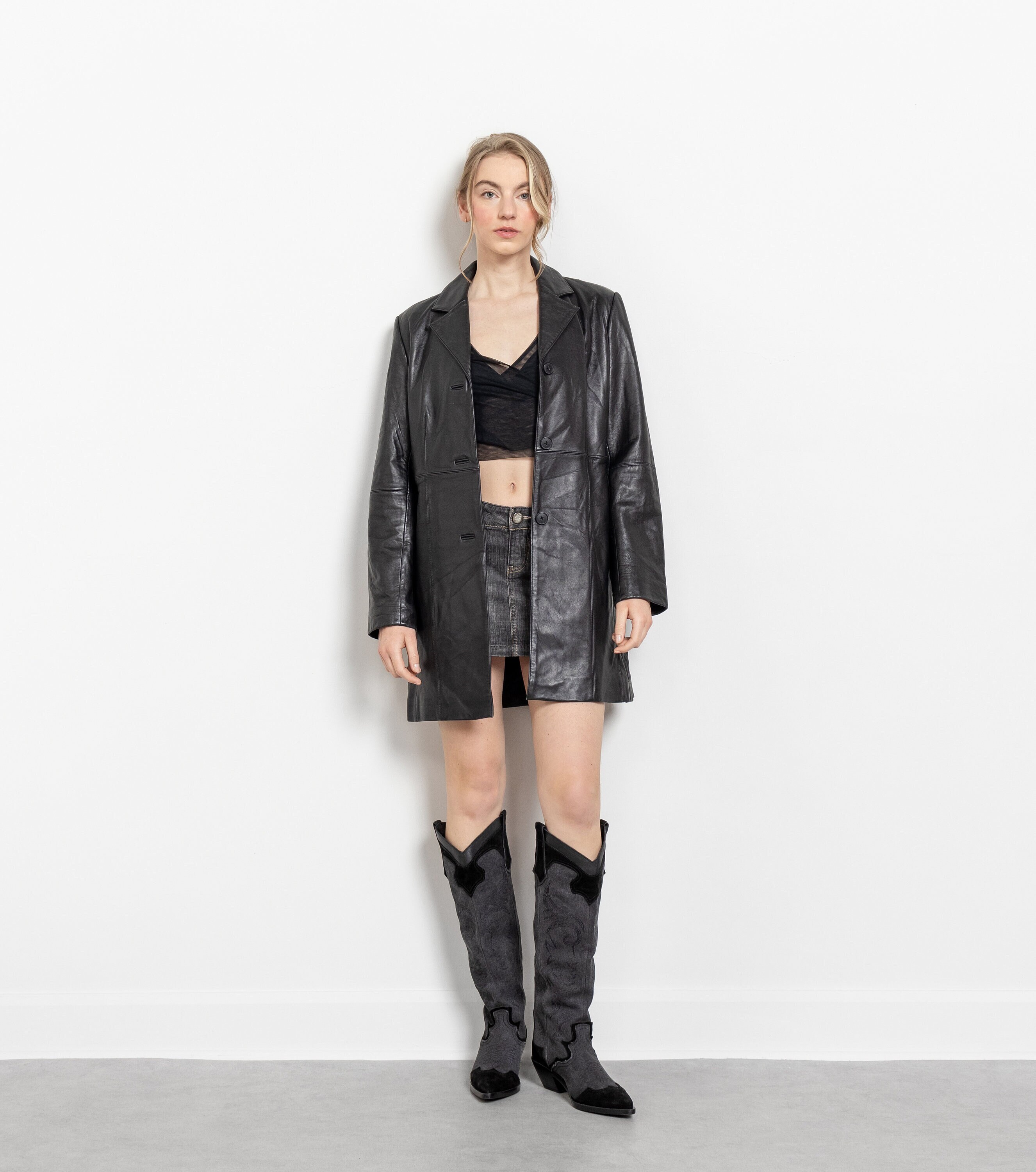 BLACK LEATHER BLAZER Vintage Jacket Coat Woman Fall Spring