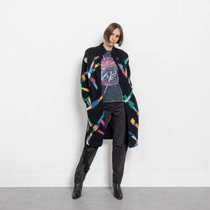 BLACK MOHAIR CARDIGAN Vintage Long Shirt Dress Knit Geometric Rainbow Sweater 90's / Medium image 5