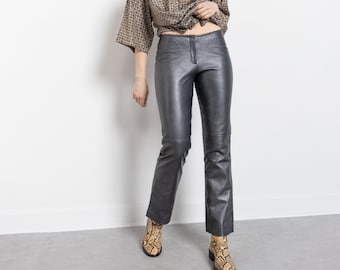 SILVER LEATHER PANTS Flares Metallic Vintage 90's Low Rise Leather Trousers Women Pewter / 38.5 Inch Hips / Size 6