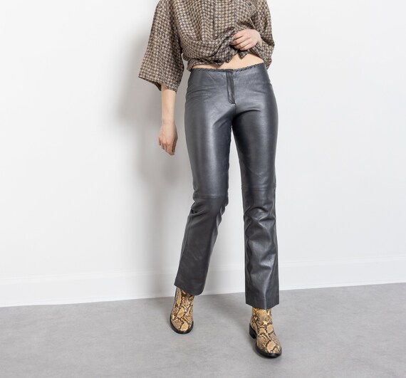 SILVER LEATHER PANTS Flares Metallic Vintage 90 s Low Rise Leather