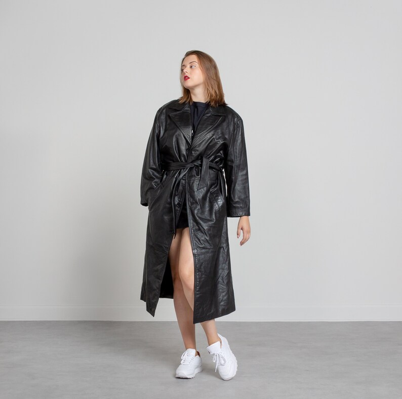 BLACK LEATHER TRENCH Coat Vintage Belted Woman Jacket 90's | Etsy