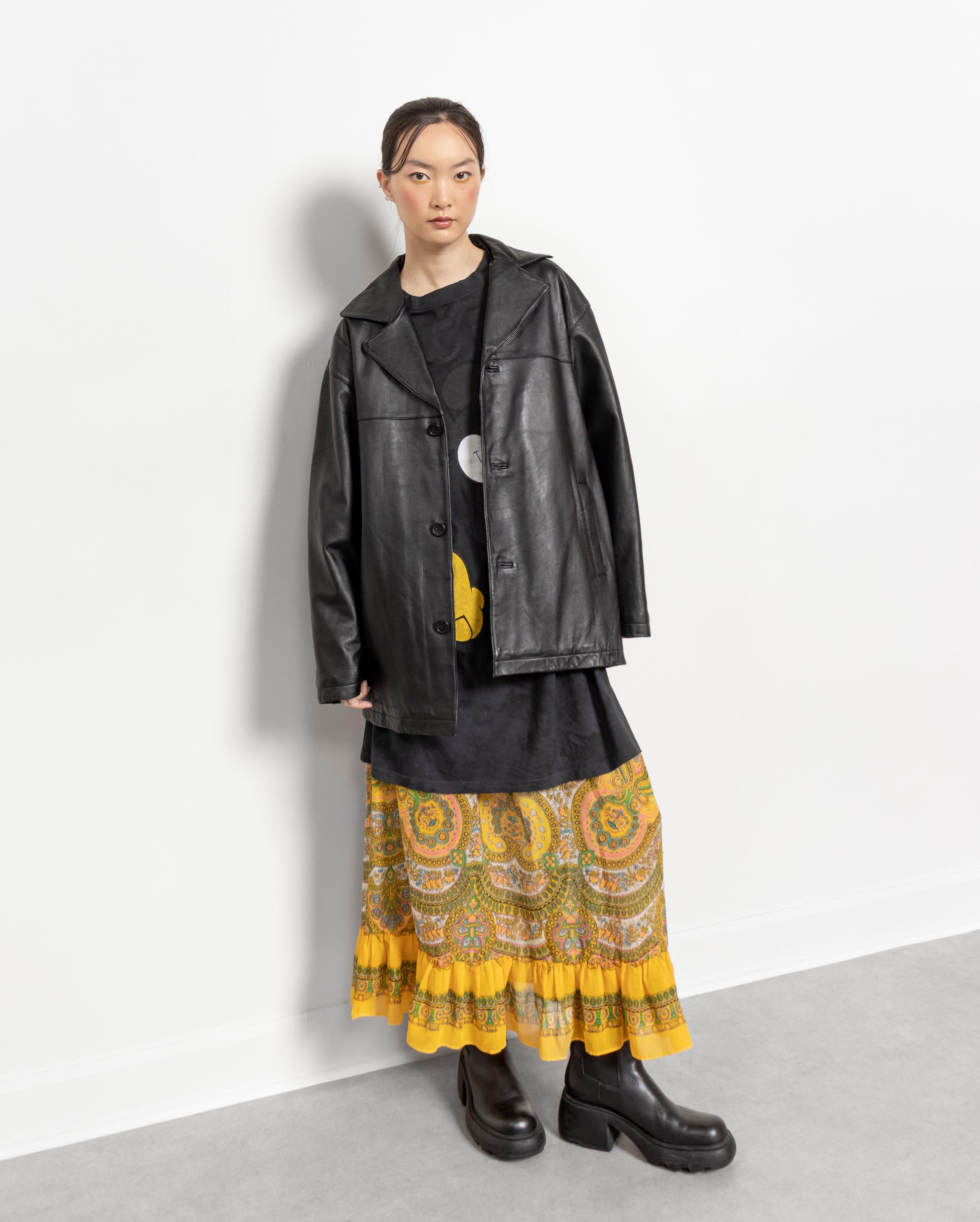 BLACK LEATHER TRENCH Midi Jacket Vintage Oversize Boxy / Medium