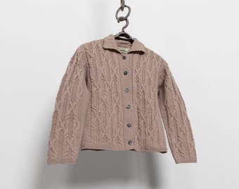 sale IRISH Merino WOOL CARDIGAN Vintage Beige Cable Knit Sweater Warm Fall Winter Woman Oversize / Small