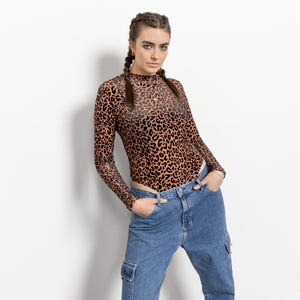 LEOPARD MESH BODYSUIT Long Sleeves Vintage Burnout Stretchy Y2K / Medium