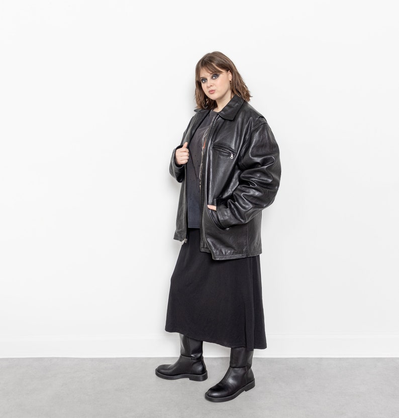 BLACK LEATHER JACKET Vintage Blazer Coat Menswear Woman 90's Oversize / Extra Large Xl image 3