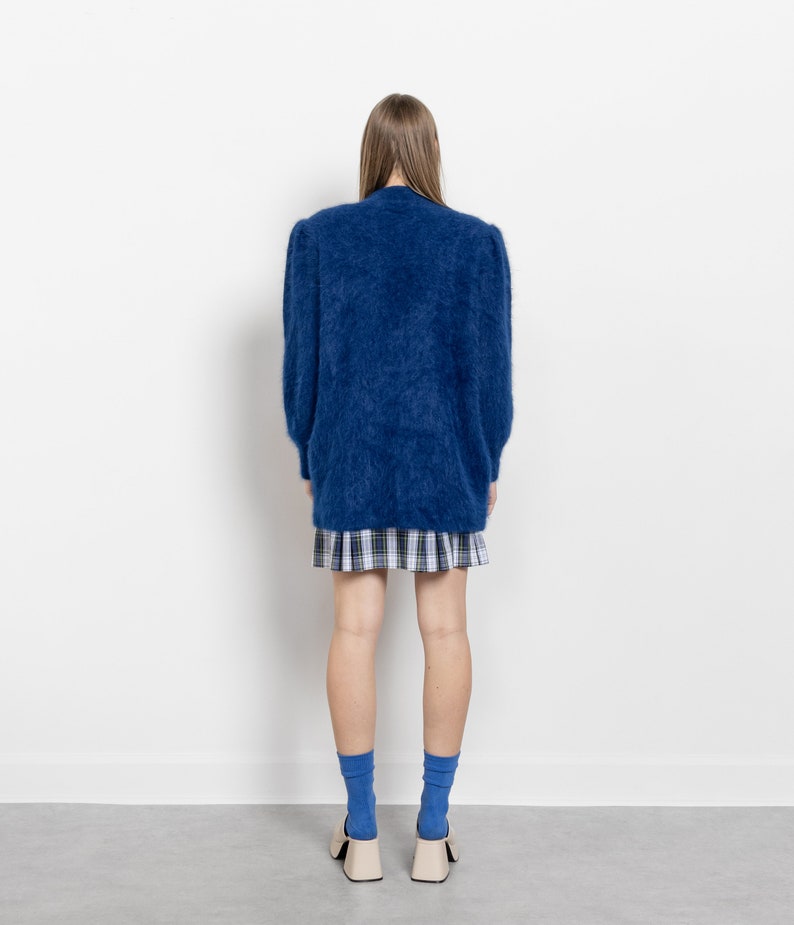BLUE ANGORA CARDIGAN Beaded Longline Vintage Jumper Wool Lined Embellished Cozy / Free Size image 3