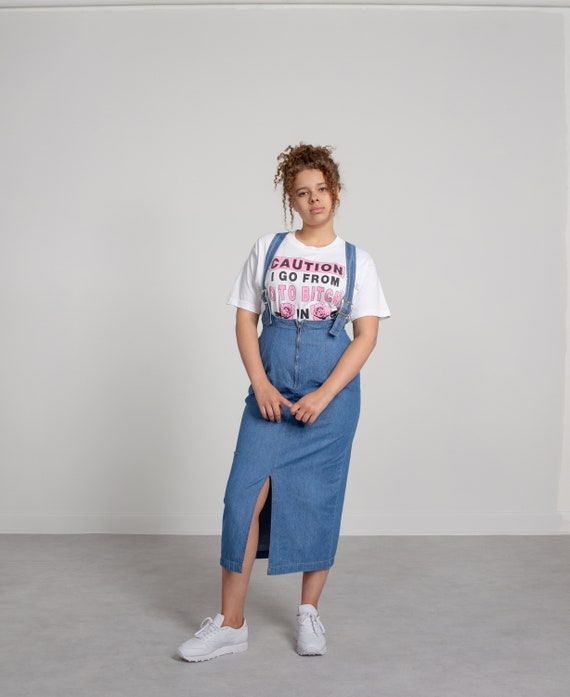 DENIM SUSPENDER SKIRT Vintage Light Blue Jean Cott