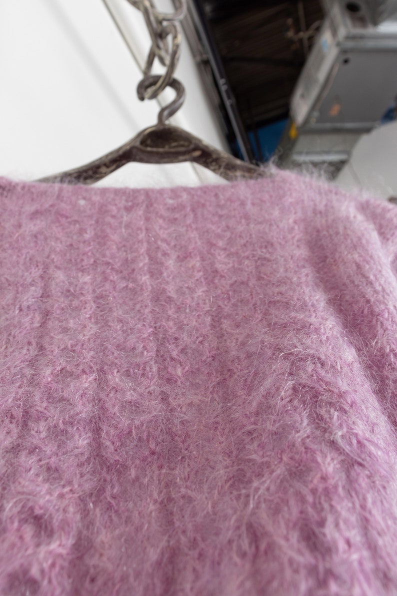 PINK FUZZY GRANNY Batwing Mohair Jumper Sweater Handmade Loose Weave Sheer Mauve / Medium image 3