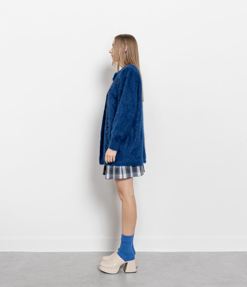 BLUE ANGORA CARDIGAN Beaded Longline Vintage Jumper Wool Lined Embellished Cozy / Free Size image 2