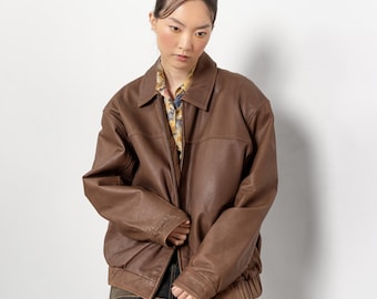 BROWN LEATHER BOMBER Jacket Vintage Oversize 90's Coat / Small Medium