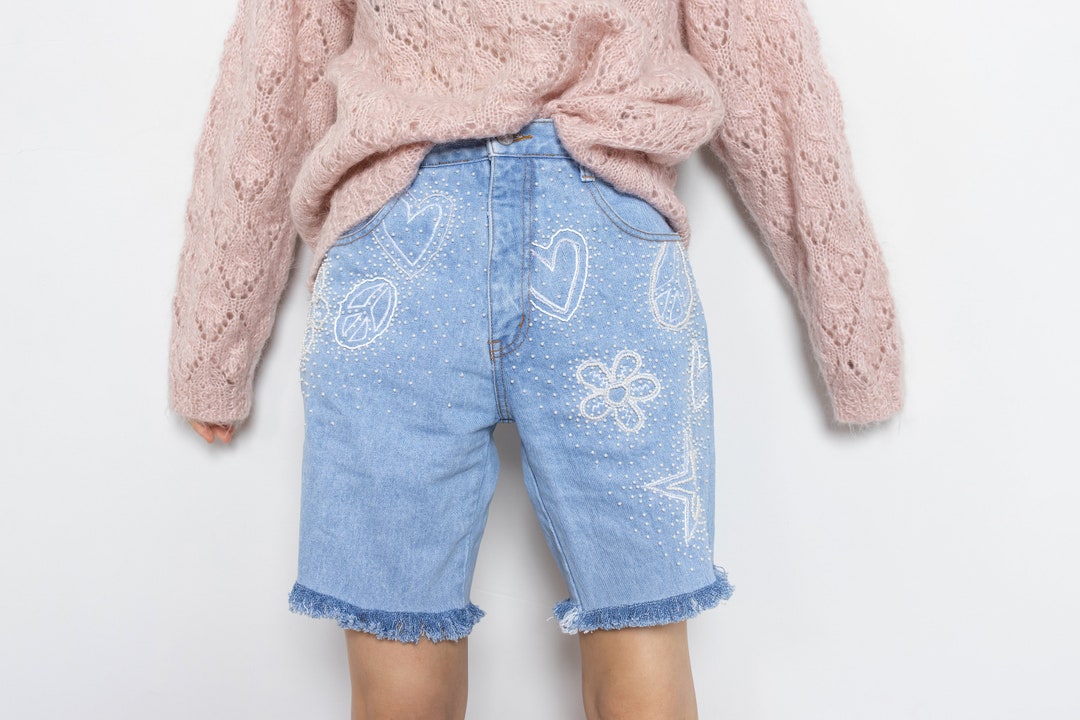 BEADED PEARL SHORTS Denim Jean High Waist Longline Hearts Stars Doodles Embroidered Vintage Women 27 28 Inch Waist Size 6 7 Etsy UK
