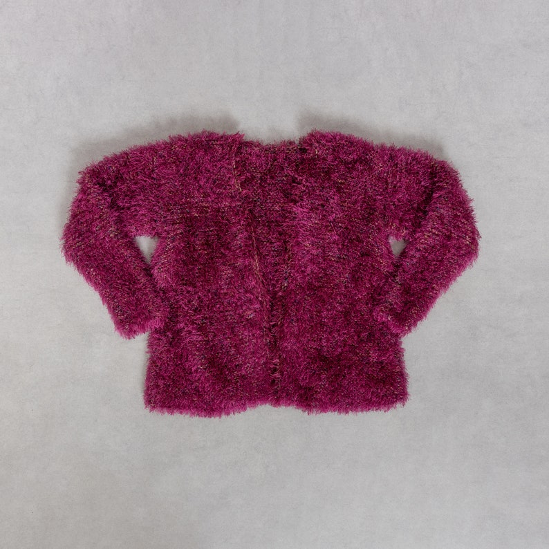 FUZZY PINK CARDIGAN Vintage Midi Long Bright Magenta Hairy Textured Sweater 90's Oversize / Medium Large image 4