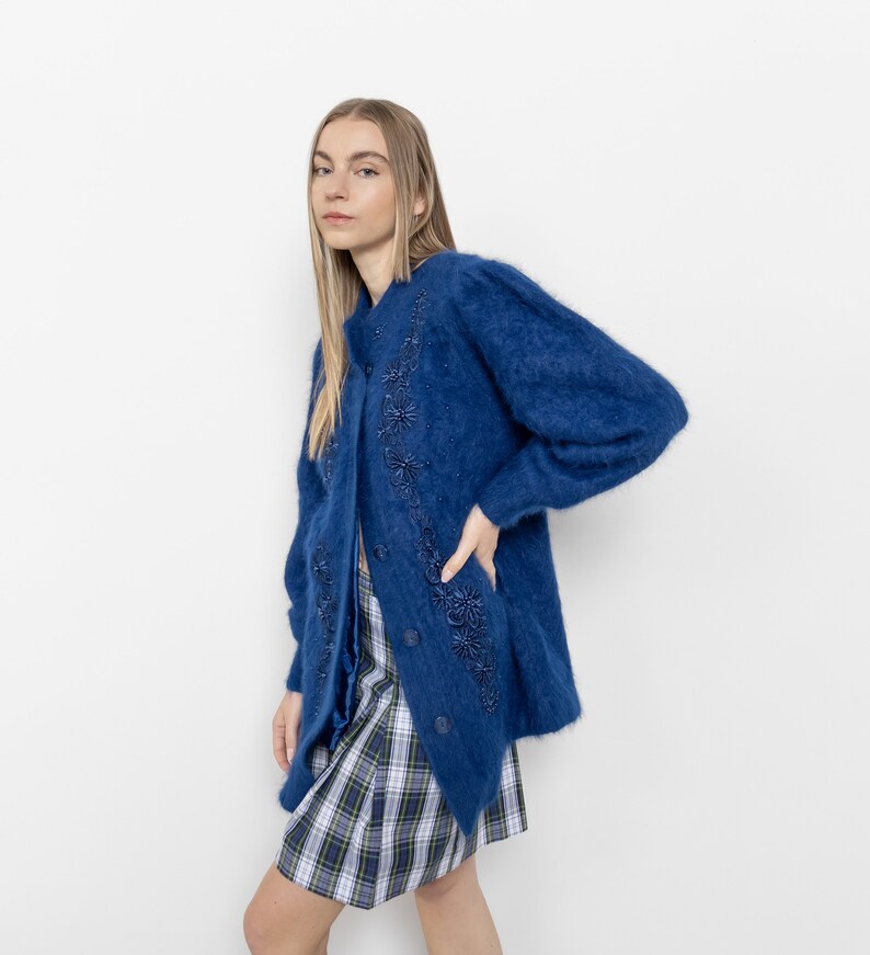 BLUE ANGORA CARDIGAN Beaded Longline Vintage Jumper Wool Lined Embellished Cozy / Free Size image 6