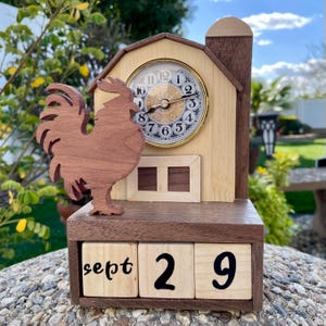 Barnyard Rooster Forever Calendar and Clock Natural Wood
