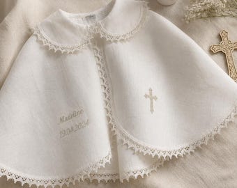 Mantella personalizzata in lino bianco con nome e data, Bolero per bambini con scollo rotondo ricamato con colletto, Mantella in tessuto personalizzata per neonati, Cappotto per bambini
