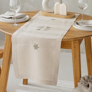 May include: A light wood table with a beige linen table runner featuring a snowflake design. Two white plates, two wine glasses, and a vase with white candles are on the table. A wicker basket containing a beige linen bag sits beside the table. A light wood stool is in the background.