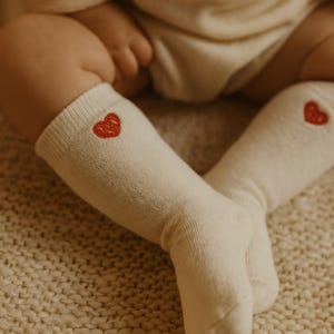 Long white kids socks with embroidered heart, Baby cotton socks, Knee high socks with cute custom embroidery, Girls elegant clothing