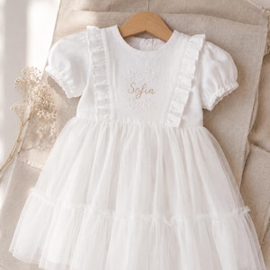 Personalised premium white linen and tulle christening dress with name, Embroidered baby girl baptism gown, Custom toddler occasion outfit