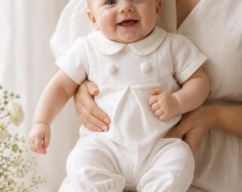 Tutina bianca in lino per neonati a maniche corte, completo da battesimo per bambini, body da battesimo con pon pon, tutina per neonati in tessuto biologico
