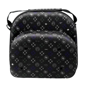 May include: Black and white patterned carrying case with a zipper closure and a shoulder strap. The pattern features a repeated symbol of a skull with a cross through it.