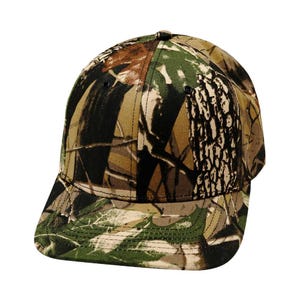 May include: A camouflage baseball cap with a green, brown, and black pattern.