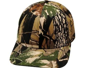 May include: A camouflage baseball cap with a green, brown, and black pattern.