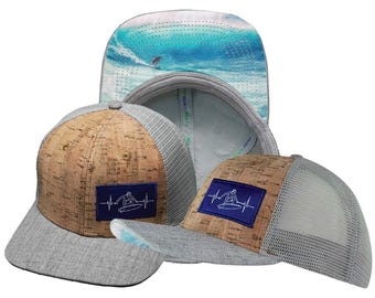 Surf Hat, Heather Gray and Gray Cork Trucker Mesh, Baseball Cap for Men and Women, Gift for Surfers