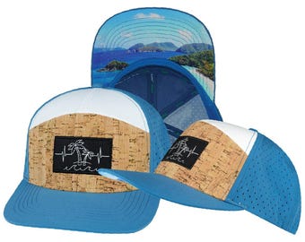 Beach Hat, Blue and White Cork Laser Mesh, Flat Bill Cap for Men and Women, Beach Lover Gift