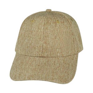 May include: A tan linen baseball cap with a curved brim.