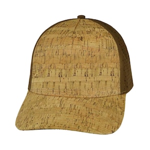 May include: A brown and tan cork baseball cap with a mesh back panel. The cap has a curved brim and a structured crown.