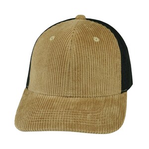 May include: A tan corduroy baseball cap with a black mesh back.