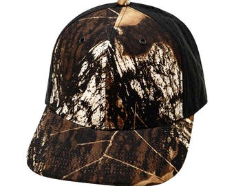 May include: A black and brown camouflage baseball cap with a mesh back.