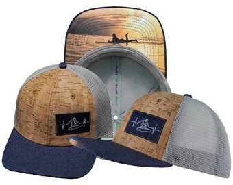 Surf Hat, Heather Navy and Gray Cork Trucker Mesh, Baseball Cap for Men and Women, Gift for Surfers