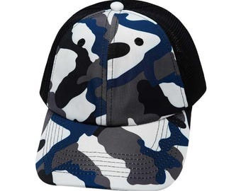 May include: A black and blue camouflage baseball cap with a mesh back.