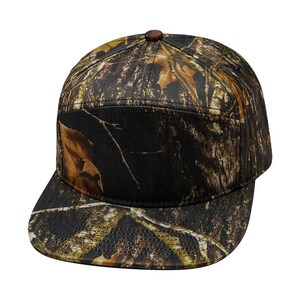 May include: A camouflage patterned baseball cap with a flat brim. The cap has a brown, green, and black color scheme.
