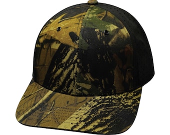 May include: A black and green camouflage baseball cap with a mesh back.