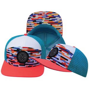 Color Vibes Hat - Flat Bill - Party Blocks - Neon Peach / White / Neon Blue - Laser Mesh