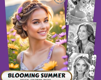 Blooming Summer — Grayscale Coloring Pages for Adults | Floral Women Portraits | Instant Download (PDF/JPG)