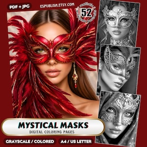 May include: A digital coloring book collection titled Mystical Masks featuring 52 realistic grayscale portraits. The cover displays a central portrait of a person wearing a red feathered masquerade mask with gold accents, alongside three smaller black and white portrait examples. Text includes PDF + JPG, ESPUBLISH.ETSY.COM, 52 realistic grayscale portraits, MYSTICAL MASKS, DIGITAL COLORING PAGES, and GRAYSCALE / COLORED, A4 / US LETTER.