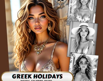 Greek Holidays: Adult Coloring Book | Realistic Grayscale Portraits | Summer Aestetic (Digital dowload, PDF/JPG)