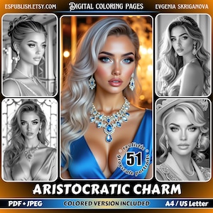 Aristokratischer Anhänger: 51 Realistische Graustufen Portraits | Druckbare Malvorlagen | Digitaler Download PDF JPEG | Malbuch für Erwachsene A4