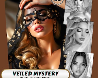 May include: Digital coloring pages titled "Veiled Mystery" featuring grayscale portraits. The image shows a woman wearing a black lace mask and veil, with additional grayscale portrait examples. The product is available in PDF and JPG formats.