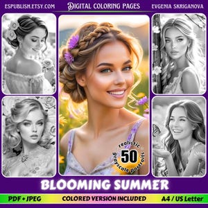 Realistic Grayscale Women Portraits | Adult Coloring Book: Blooming Summer (Printable PDF/JPG, Digital Download A4/Letter)
