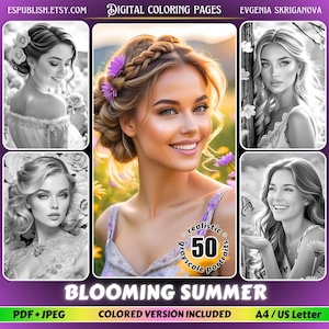 Blühender Sommer Graustufen zum Ausmalen – 50 realistische florale Frauenporträts – Digitaler Download PDF JPEG – Malbuch für Erwachsene: A4/Letter