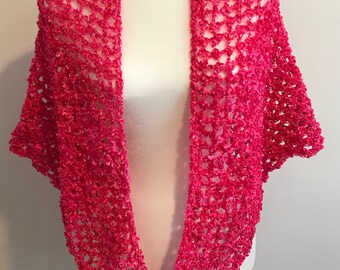 Crochet Ribbon Triangular Shawl in Hot Pink