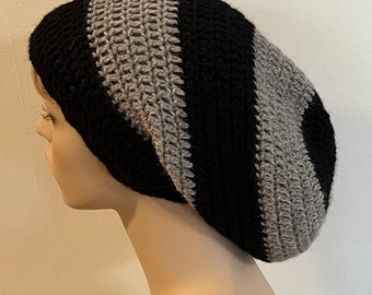 Alpaca Wool Black and Grey Slouchy Beanie Dread Tam crocheted hat