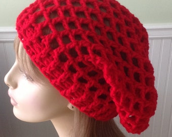 Red Mesh Slouchy Beanie Dread Tam Crochet Hat