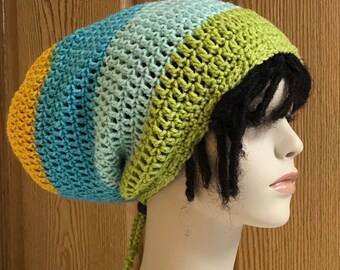 Long Slouchy Beanie Crochet Hat/Dread Tam in Greens, Blue and Yellow