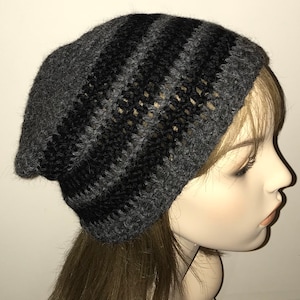 Baby Alpaca Slouchy Beanie: Charcoal Heather & Black Crochet Hat